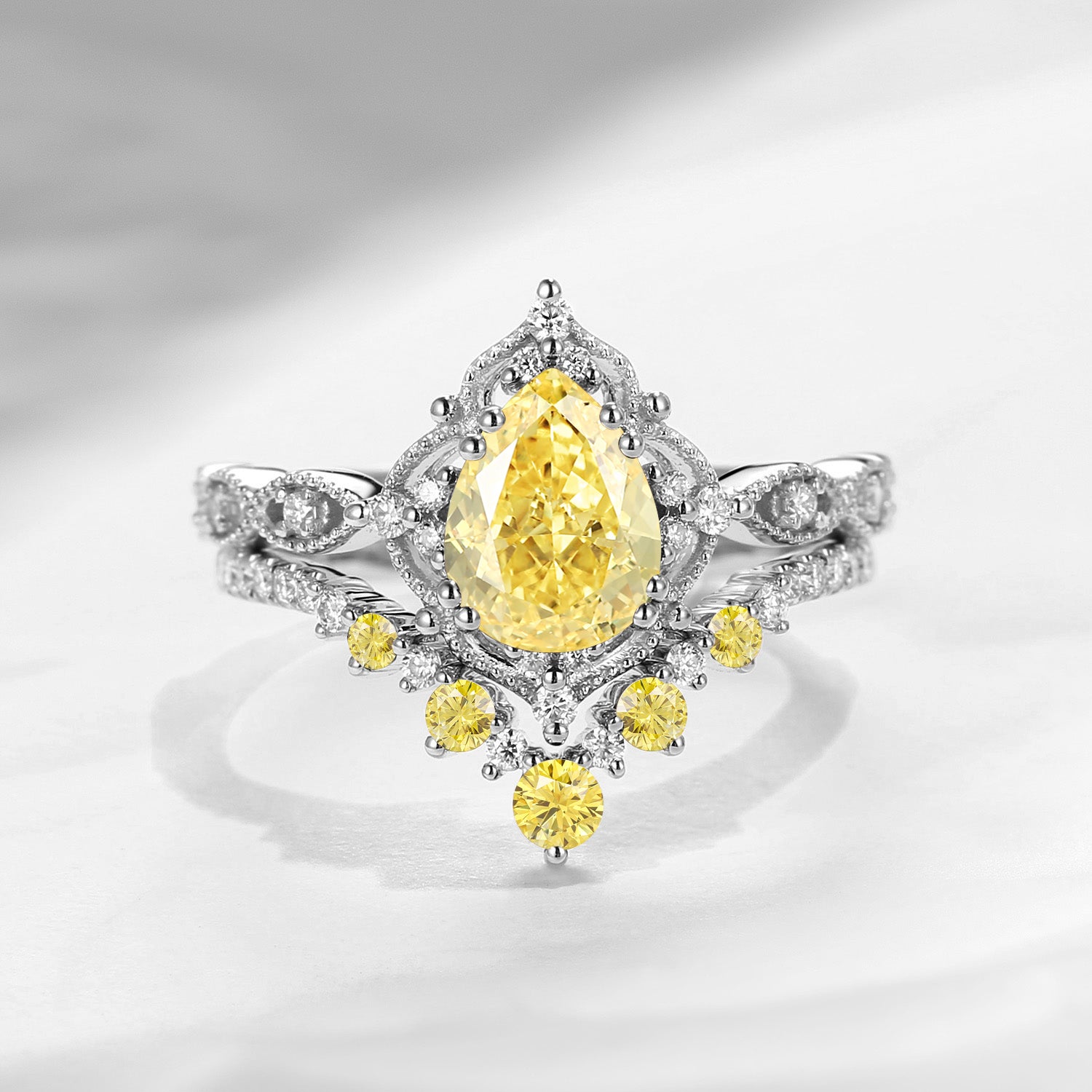 Antique Pear Cut Yellow Lab Diamond Engagement Ring 2pcs