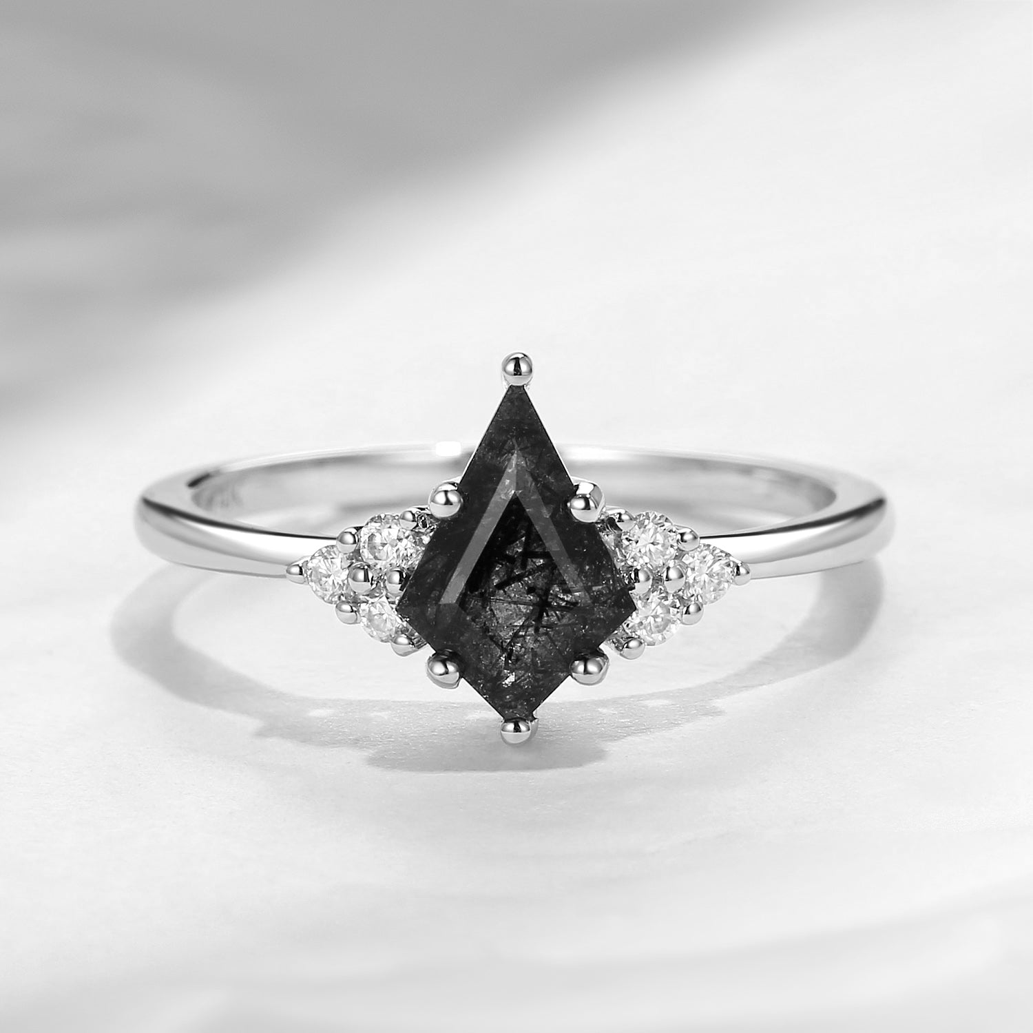 Art Deco Kite Cut Black Rutilated Quartz Engagement Ring