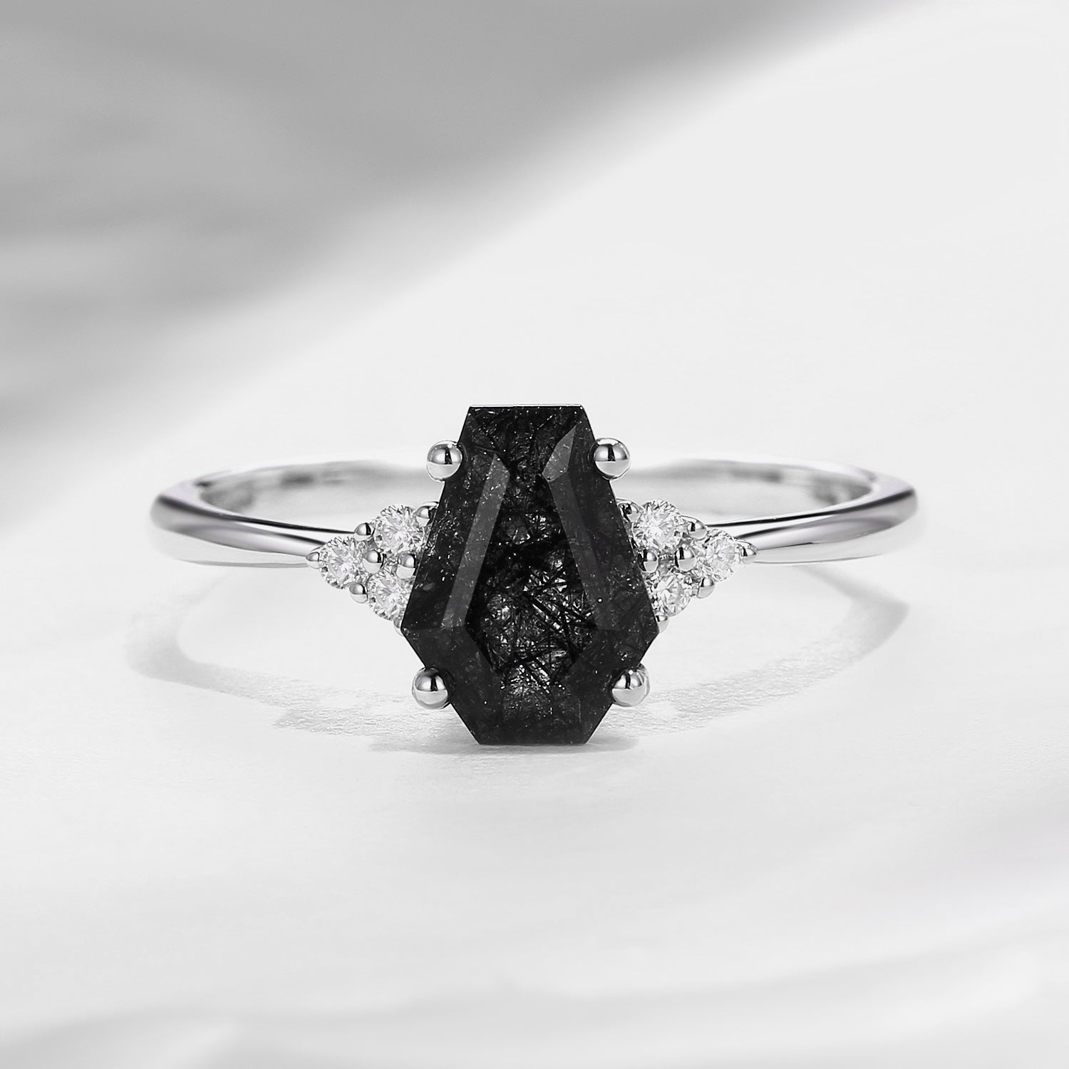 Classic Coffin Shaped Black Rutilated Quartz Engagement Ring – StarlandUS