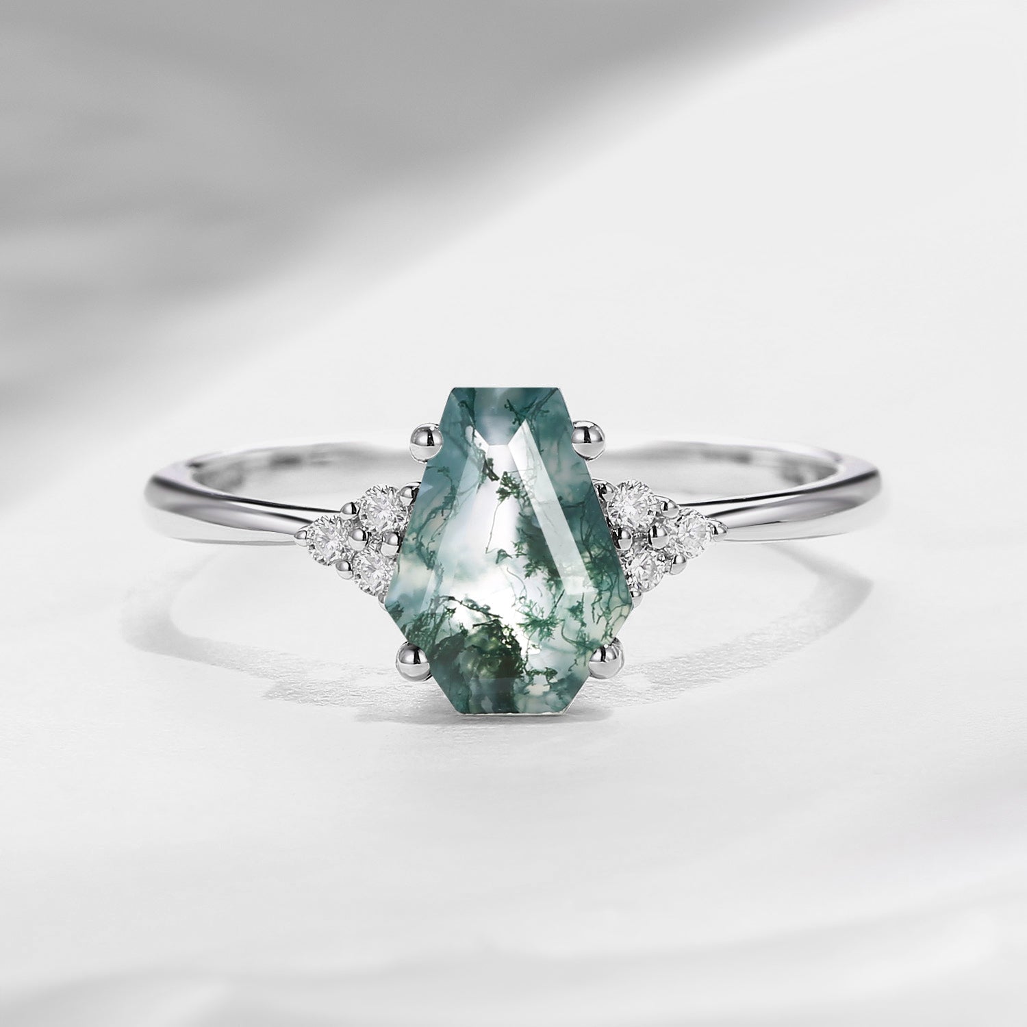 Classic Coffin Shaped Moss Agate Cluster Engagement Ring