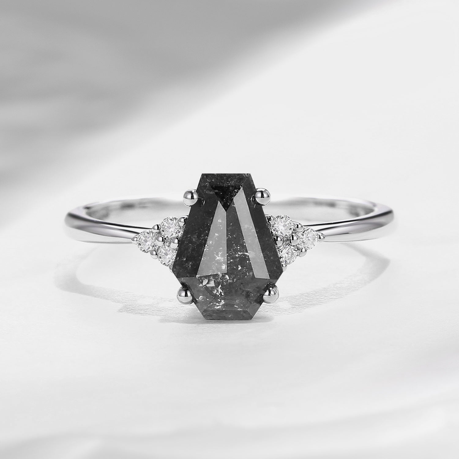 Classic Coffin Shaped Salt and Pepper Diamond Engagement Ring