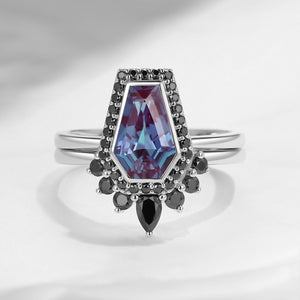 Coffin Cut Lab Alexandrite Engagement Ring Set 2pcs