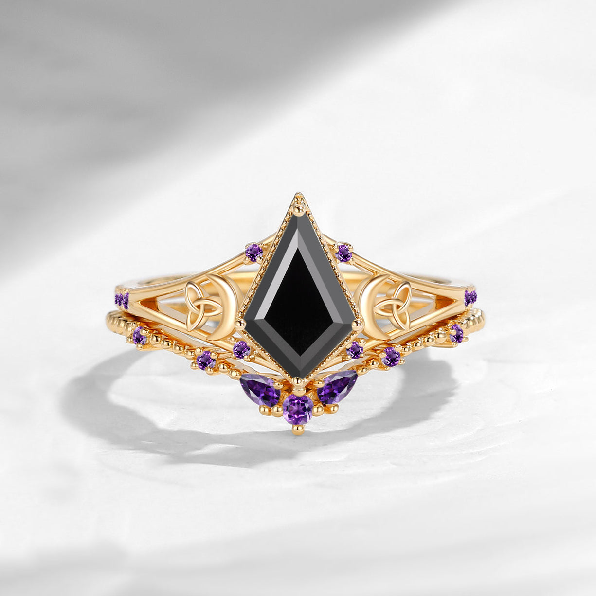 Celtic Moon | Kite Cut Black Moissanite 'Celestial Moon' Split Band Engagement Ring Set 2pcs