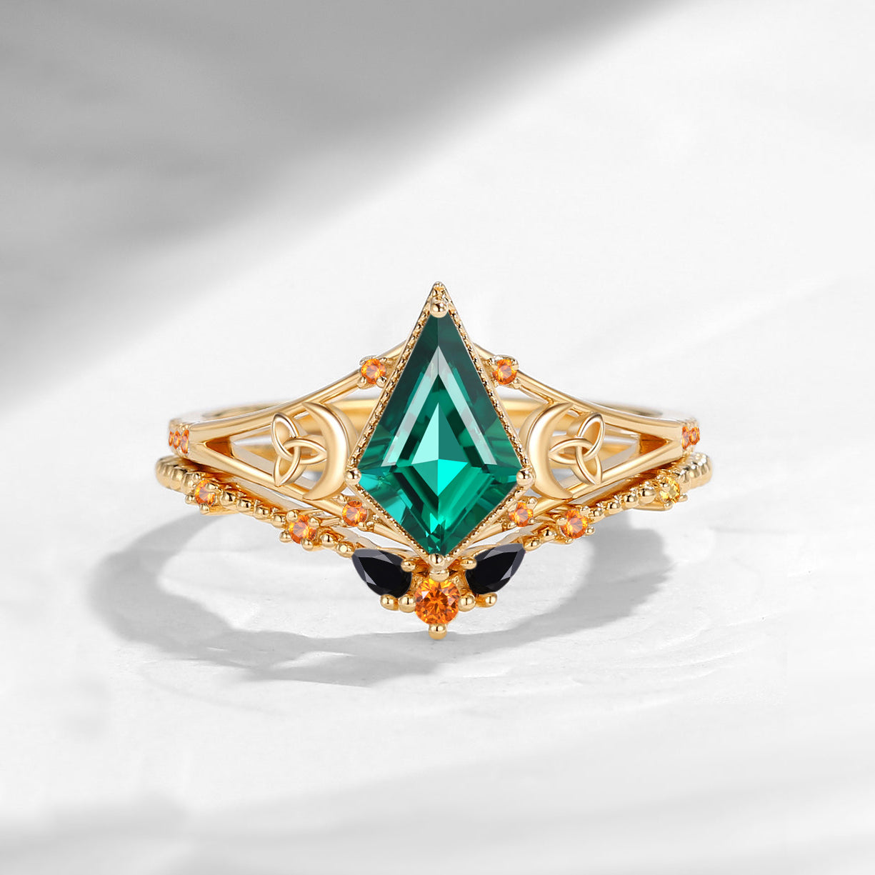 Celtic Moon | Kite Cut Lab Emerald 'Celestial Moon' Split Band Engagement Ring Set 2pcs