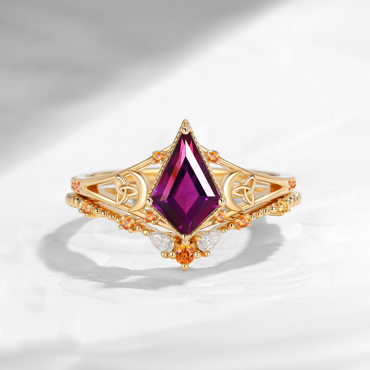 Celtic Moon | Kite Cut Purle Garnet 'Celestial Moon' Split Band Engagement Ring Set 2pcs