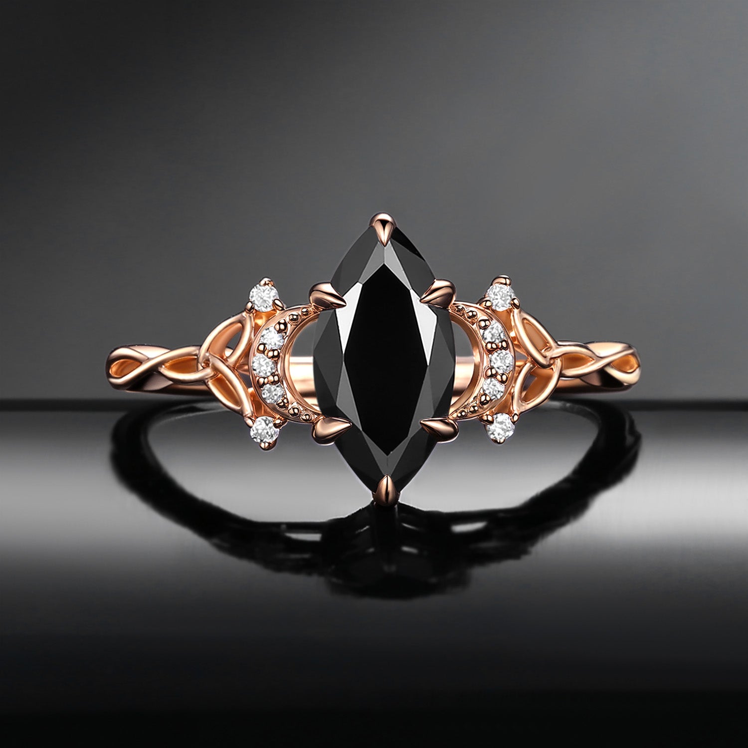 Celtic Moon | Marquise Black Moissanite Twist Engagement Ring