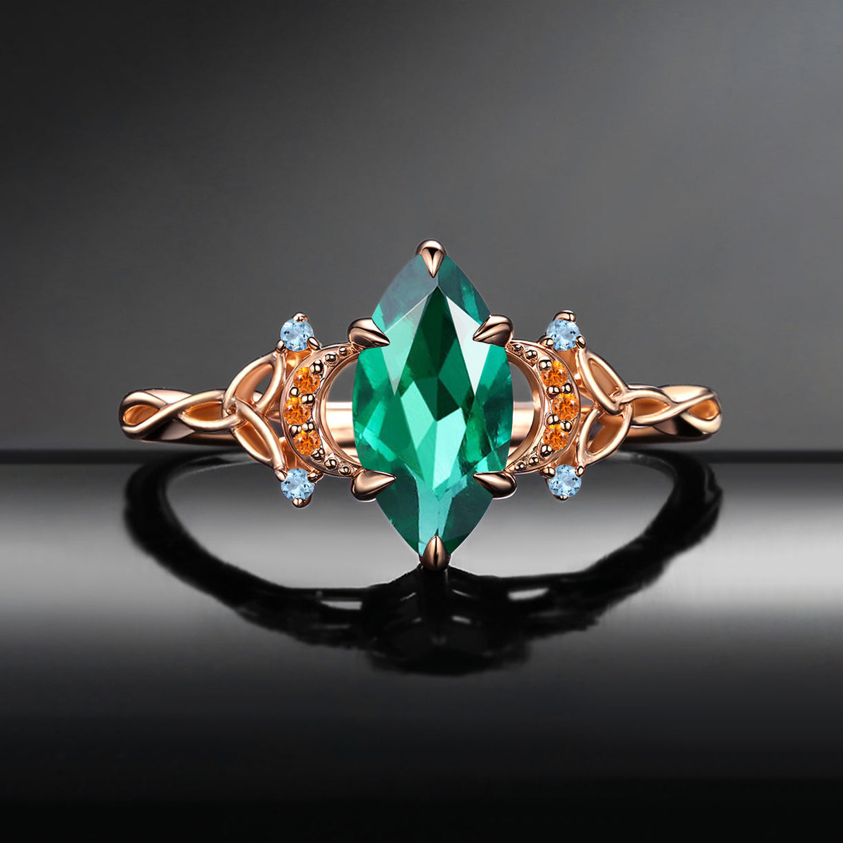 Celtic Moon | Marquise Lab Emerald Twist Engagement Ring