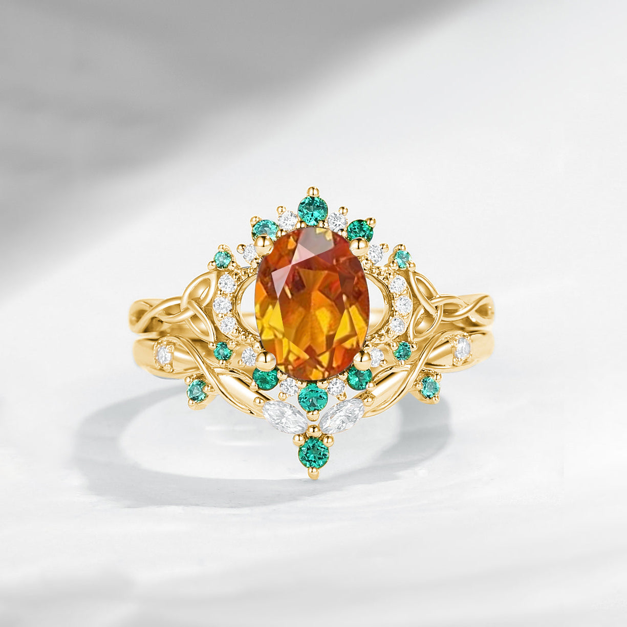 Celtic Moon | Oval Cut Citrine Infinity Celtic Moon Engagement Ring Set 2pcs