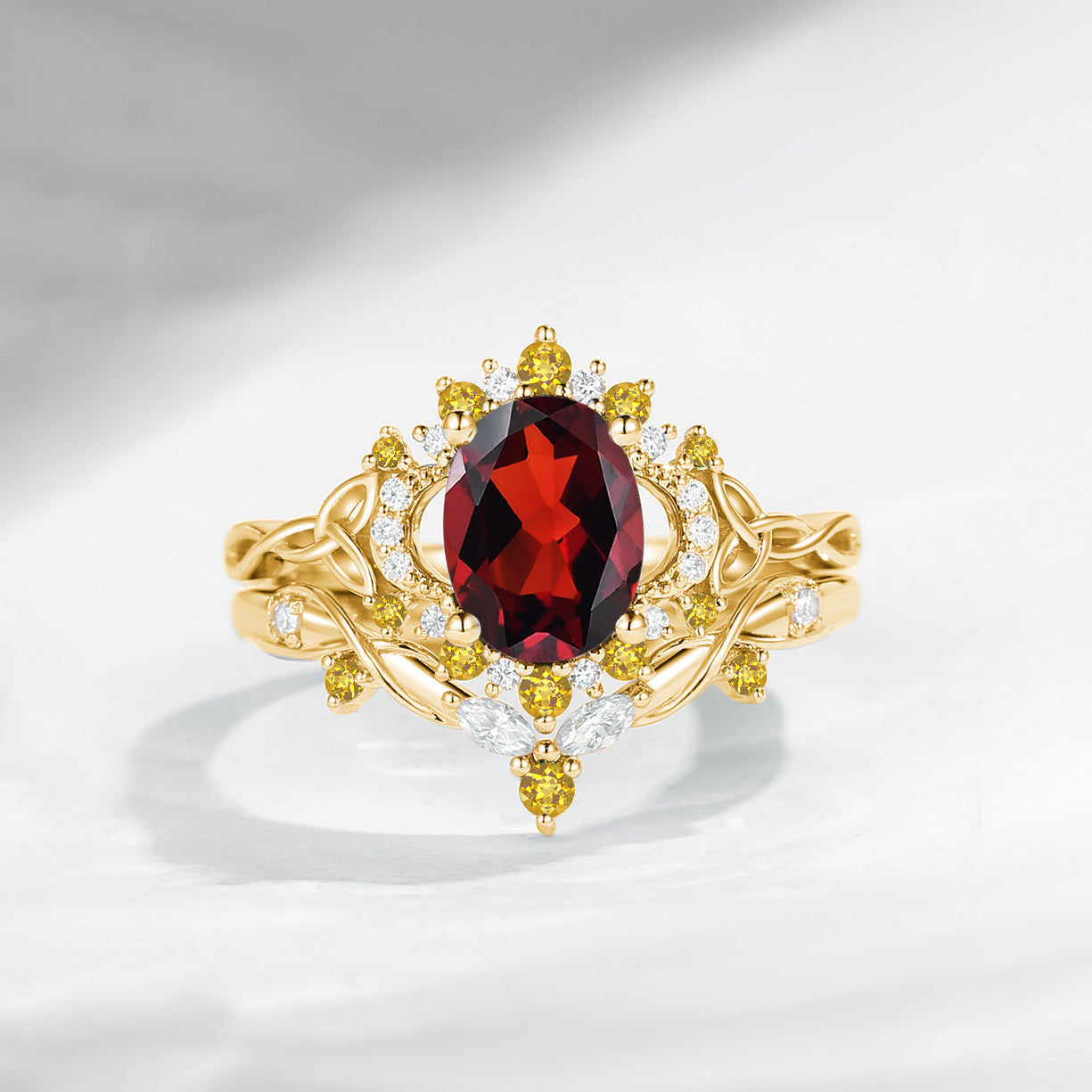 Celtic Moon | Oval Cut Garnet Infinity Celtic Moon Engagement Ring Set 2pcs