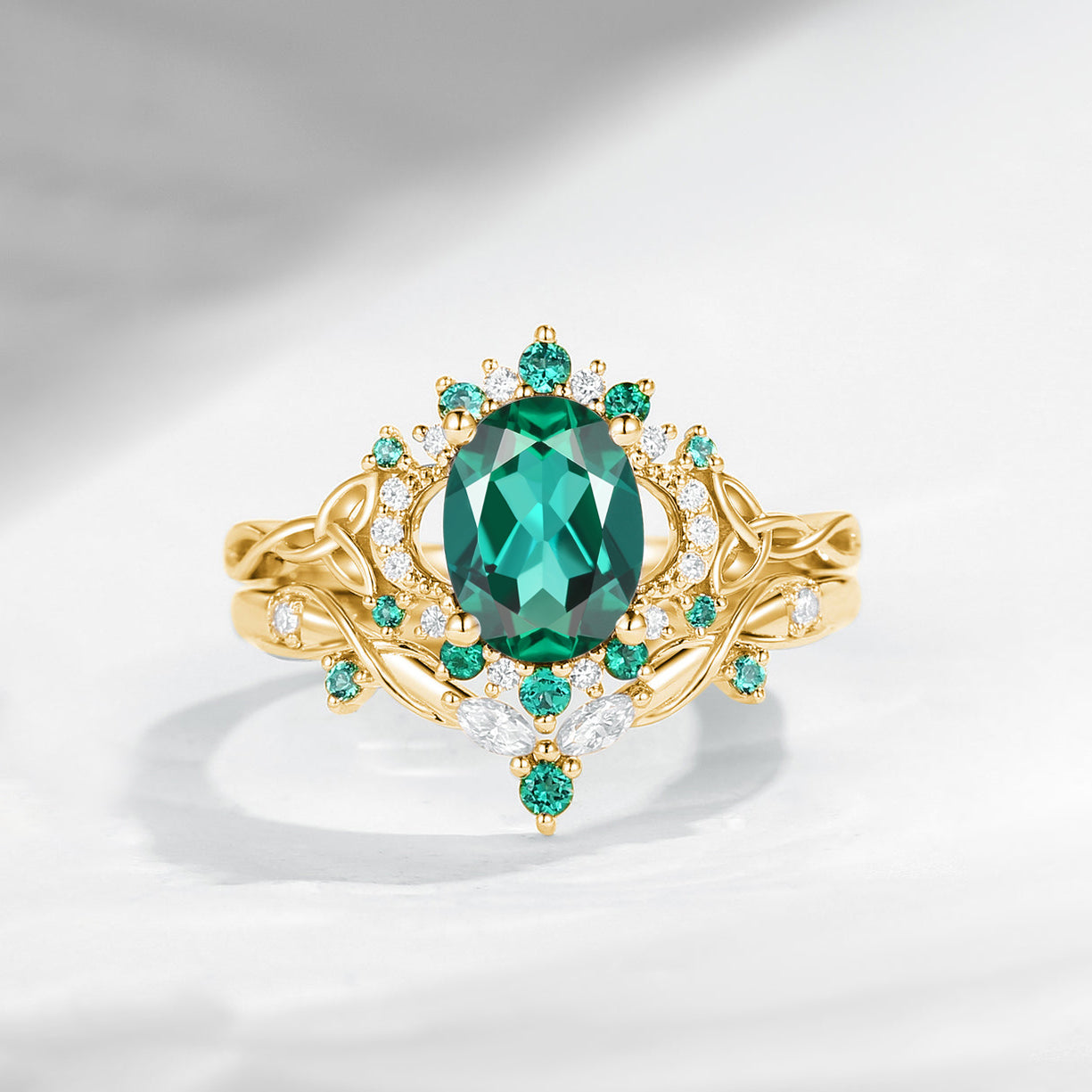Celtic Moon | Oval Cut Lab Emerald Infinity Celtic Moon Engagement Ring Set 2pcs