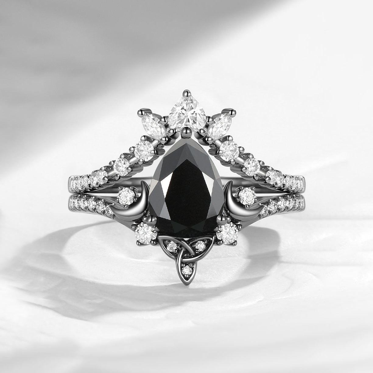 Celtic Moon | Pear Cut Black Moissanite 'Celestial Moon' Celtic Engagement Ring Set 2pcs