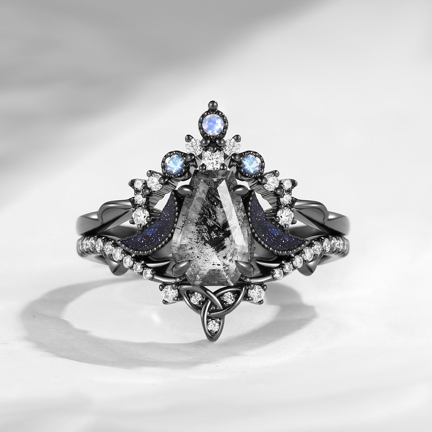 Celtic Moon | Unique Coffin Cut Herkimer Diamond 'Celestial Moon' Celtic Engagement Ring Set 2pcs