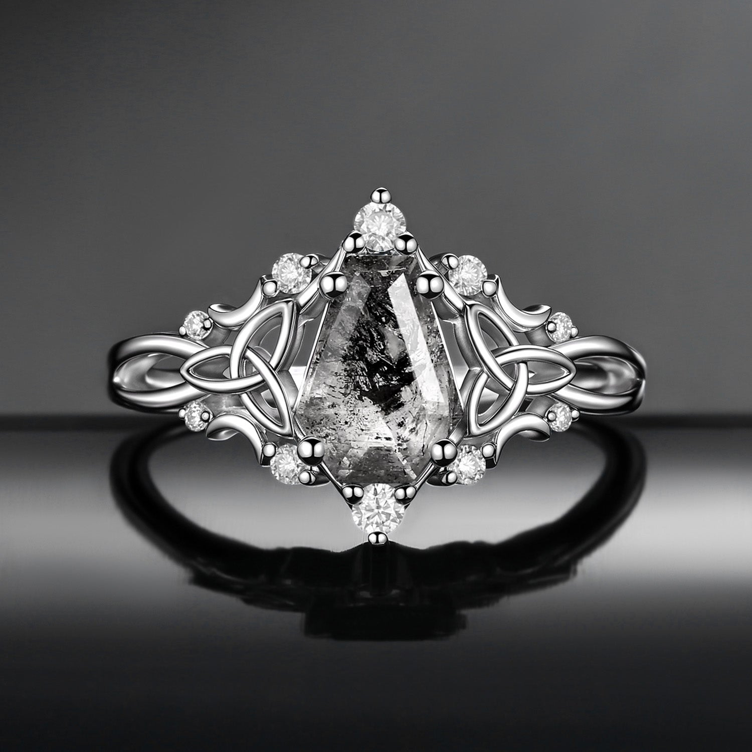 Celtic Moon | Unique Coffin Cut Herkimer Diamond Celtic Engagement Ring