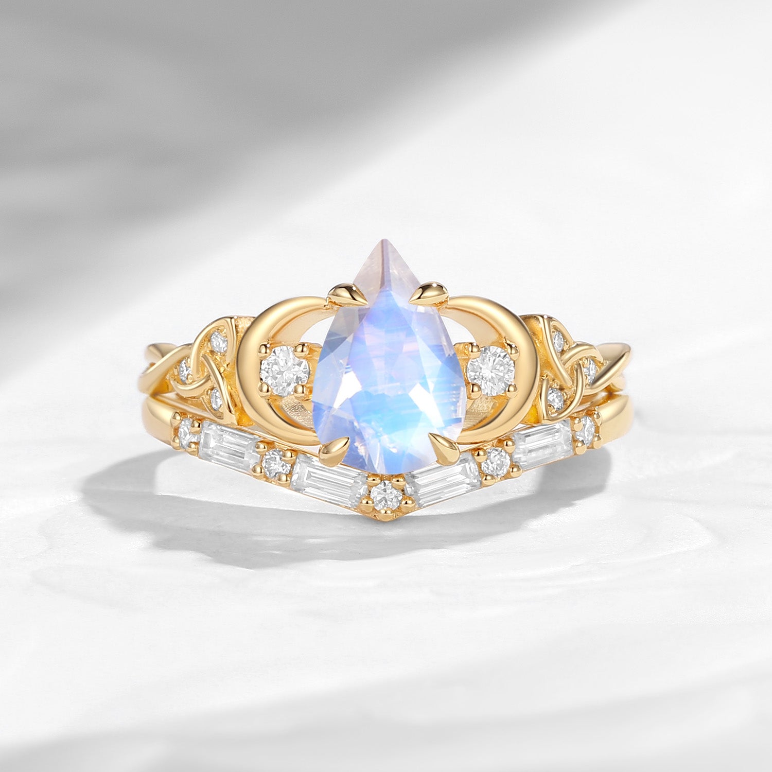 Celtic Moon | Unique Four Prongs Pear Cut Moonstone Infinity Twist Engagement Ring Set Bridal Set 2pcs