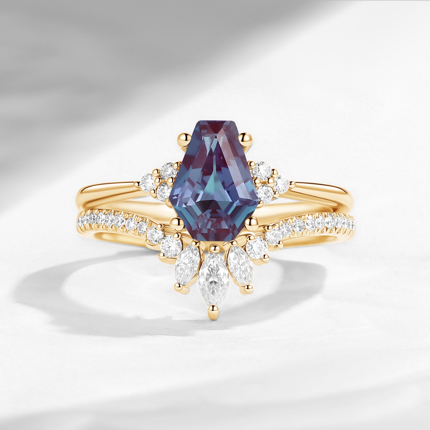 Classic Coffin Cut Lab Alexandrite Engagement Set 2pcs - White Dress