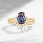 Classic Coffin Cut Lab Alexandrite Engagement Set 2pcs - White Dress