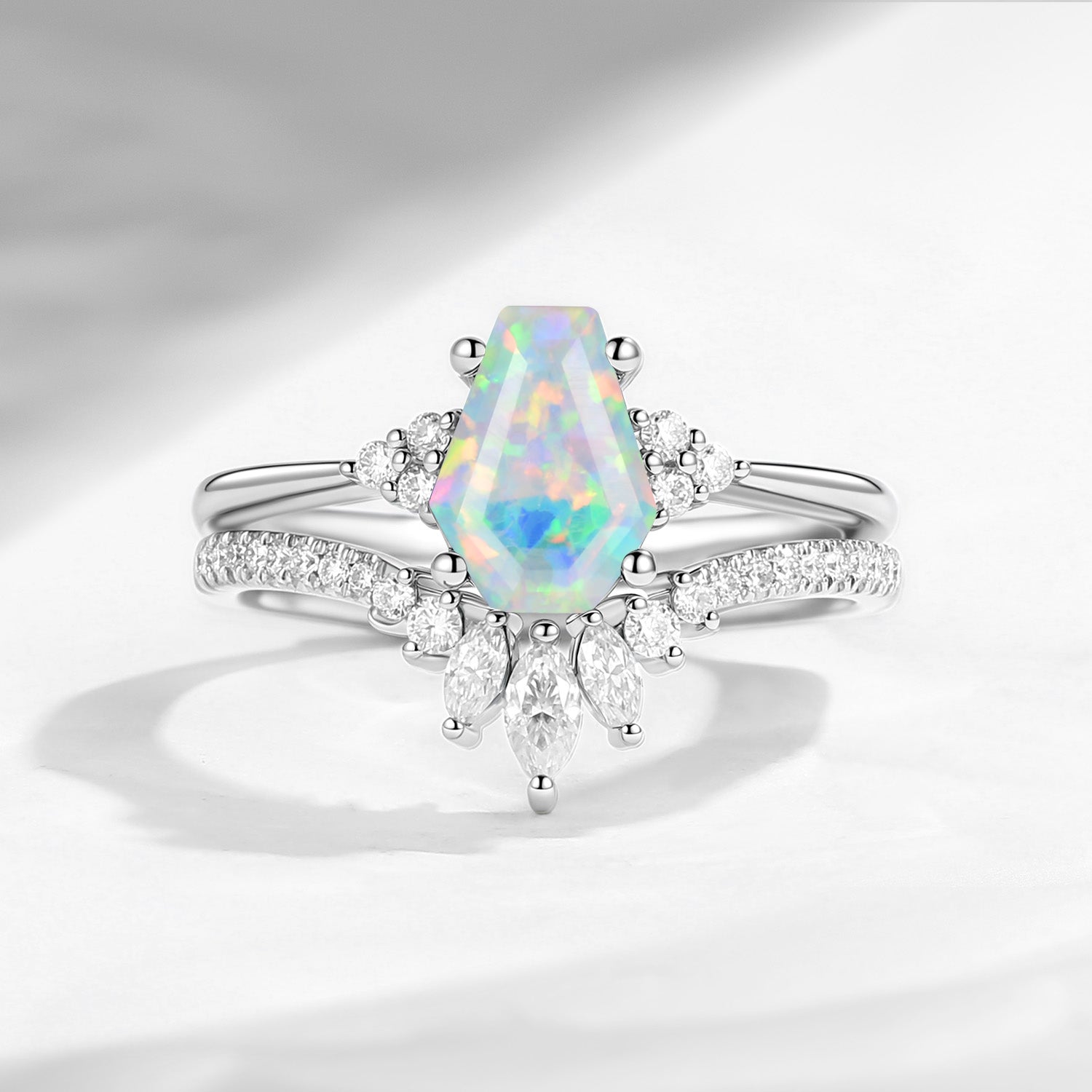 Classic Coffin Cut Lab Opal Engagement Set 2pcs - White Dress