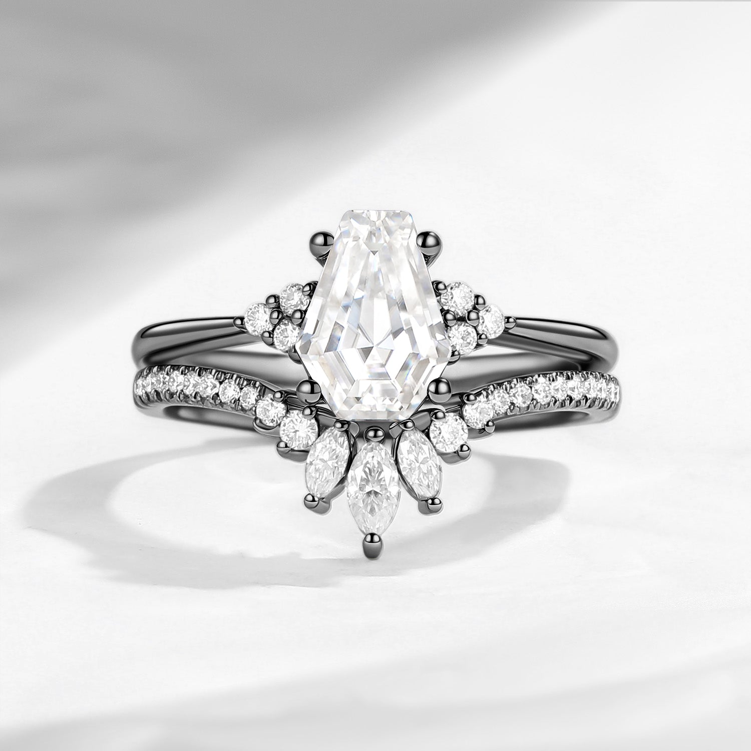 Classic Coffin Cut Moissanite Black Gold Engagement Set 2pcs - White Dress