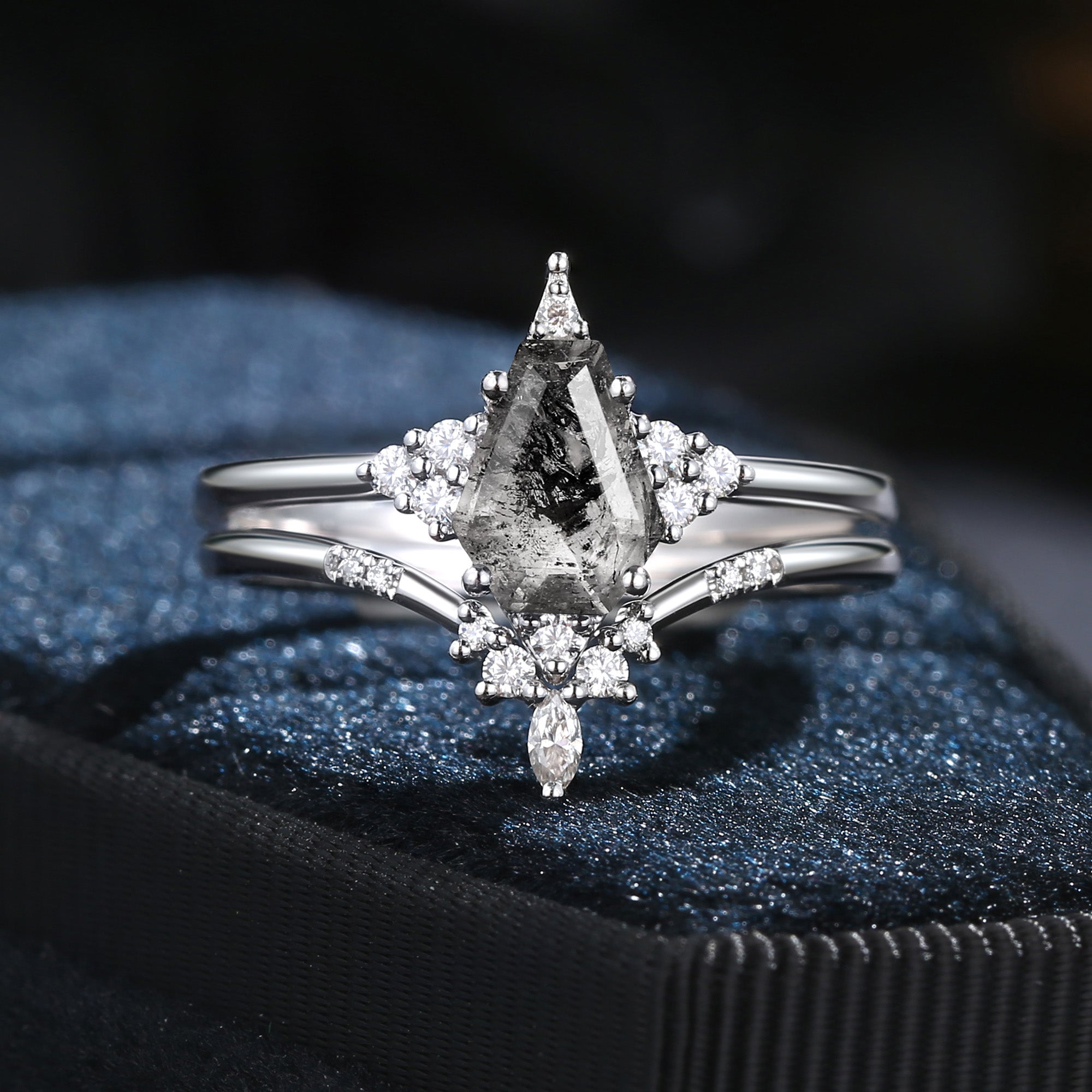 Classic Style Unique Coffin Cut Herkimer Diamond Star Cluster Engagement Ring Bridal Set 2pcs - Coffin Kite