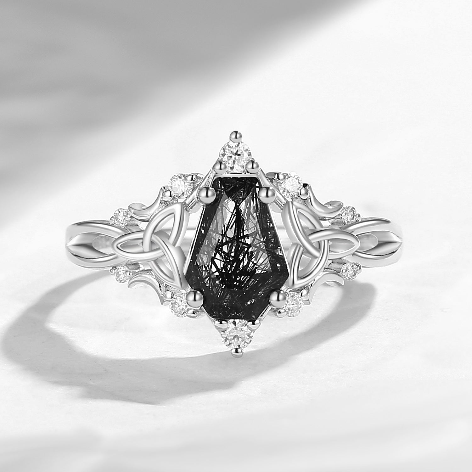 Coffin Black Rutilated Quartz Celtic Engagement Ring