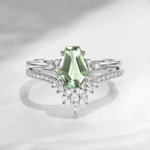 Coffin Cut Green Amethyst Cluster Engagement Set 2pcs - White Dress