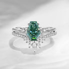 Coffin Cut Green Moissanite Cluster Engagement Set 2pcs - White Dress