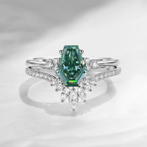 Coffin Cut Green Moissanite Cluster Engagement Set 2pcs - White Dress