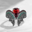 Gothic Vintage Style Coffin Cut Garnet Bat Wing Inspired Black Gold Bridal Set 2pcs - Bat Ring