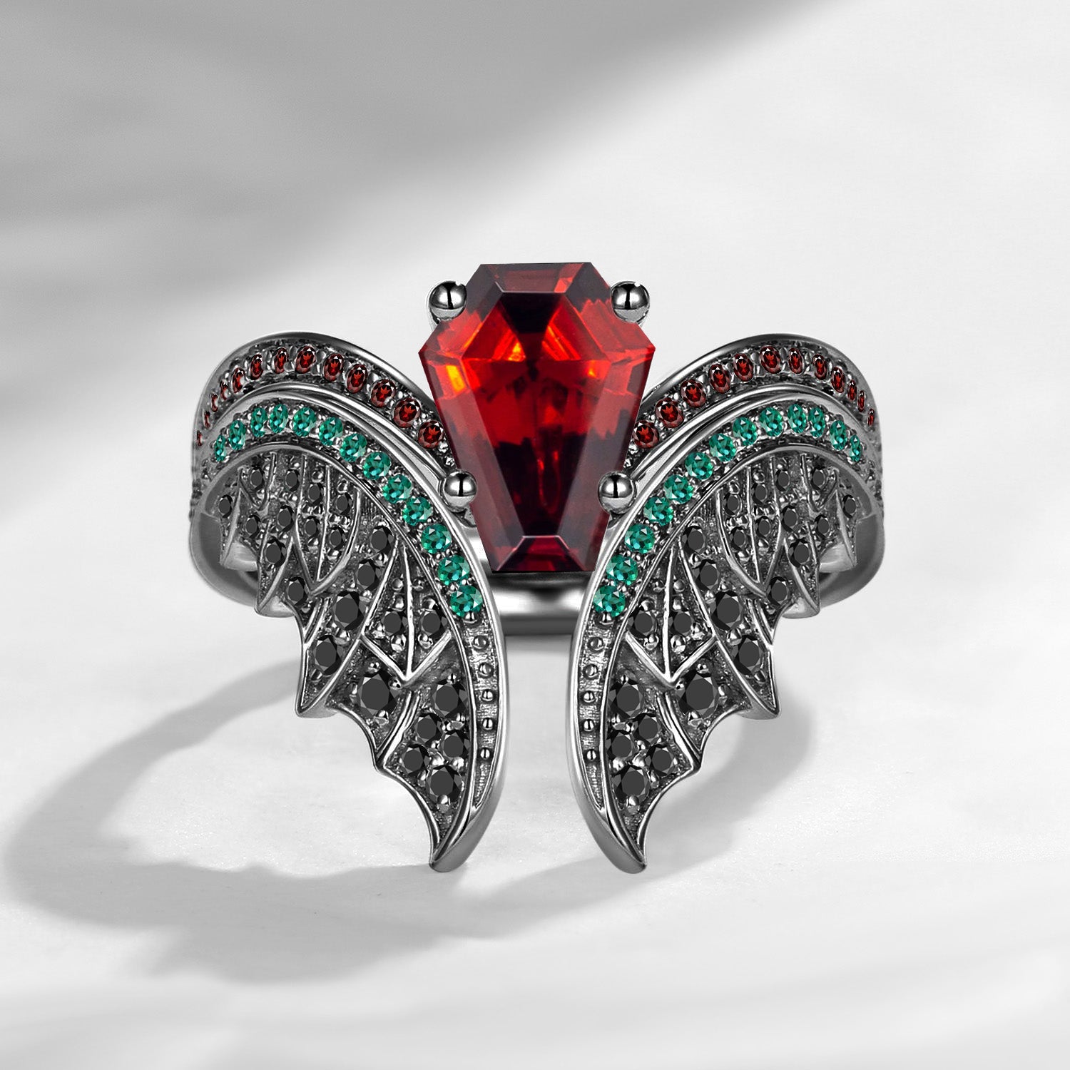 Gothic Vintage Style Coffin Cut Garnet Bat Wing Inspired Black Gold Bridal Set 2pcs - Bat Ring