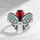 Gothic Bat Wing Inspired Coffin Cut Garnet Vintage White Gold Bridal Set 2pcs - Bat Ring