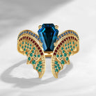 Gothic Vintage Coffin Cut London Blue Topaz Bat Wing Inspired Yellow Gold Bridal Set 2pcs - Bat Ring