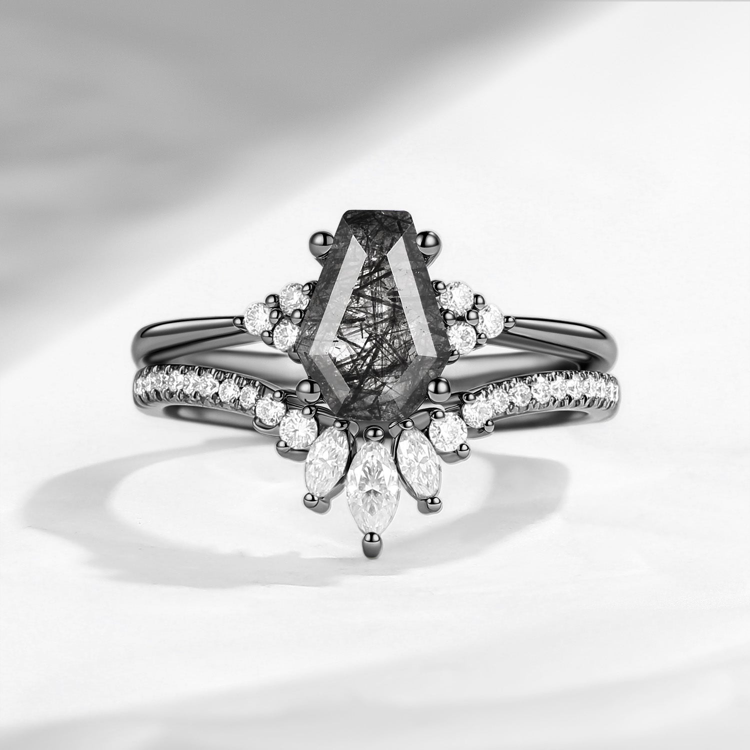 Coffin Black Rutilated Quartz Black Gold Engagement Ring 2PCS - White Dress