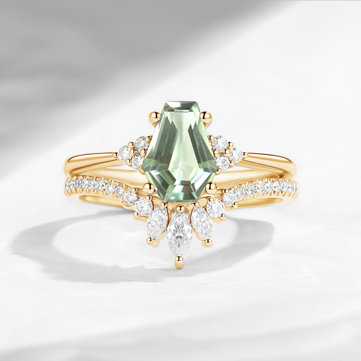 Coffin Cut Green Amethyst Cluster Engagement Set 2pcs - White Dress