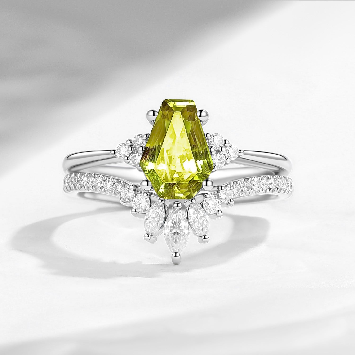 Coffin Cut Lab Yellow Sapphire Cluster Engagement Set 2pcs - White Dress