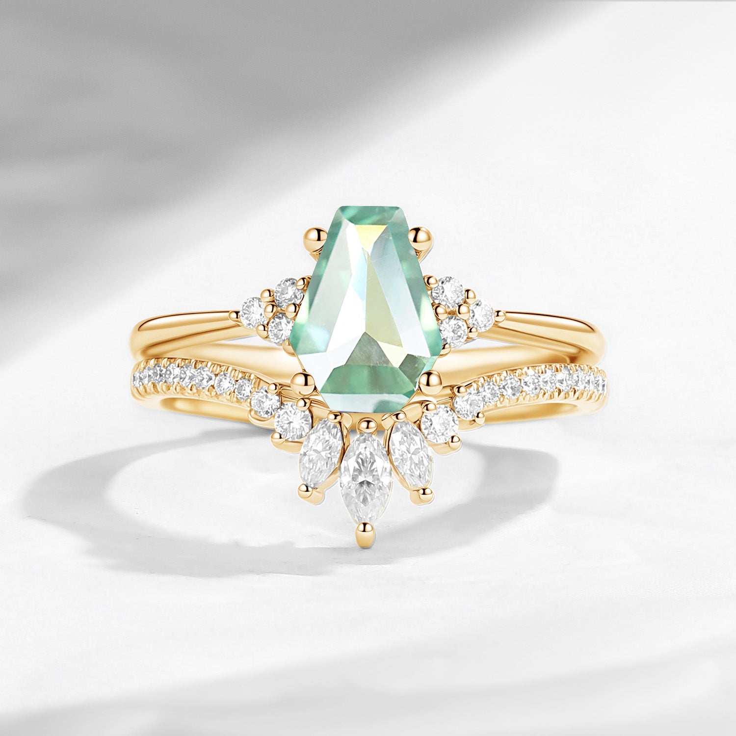 Coffin Cut Mint Moissanite Cluster Engagement Set 2pcs - White Dress