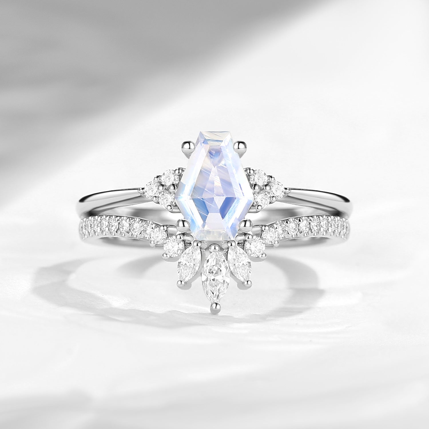 Coffin Cut Moonstone Cluster Engagement Set 2pcs - White Dress
