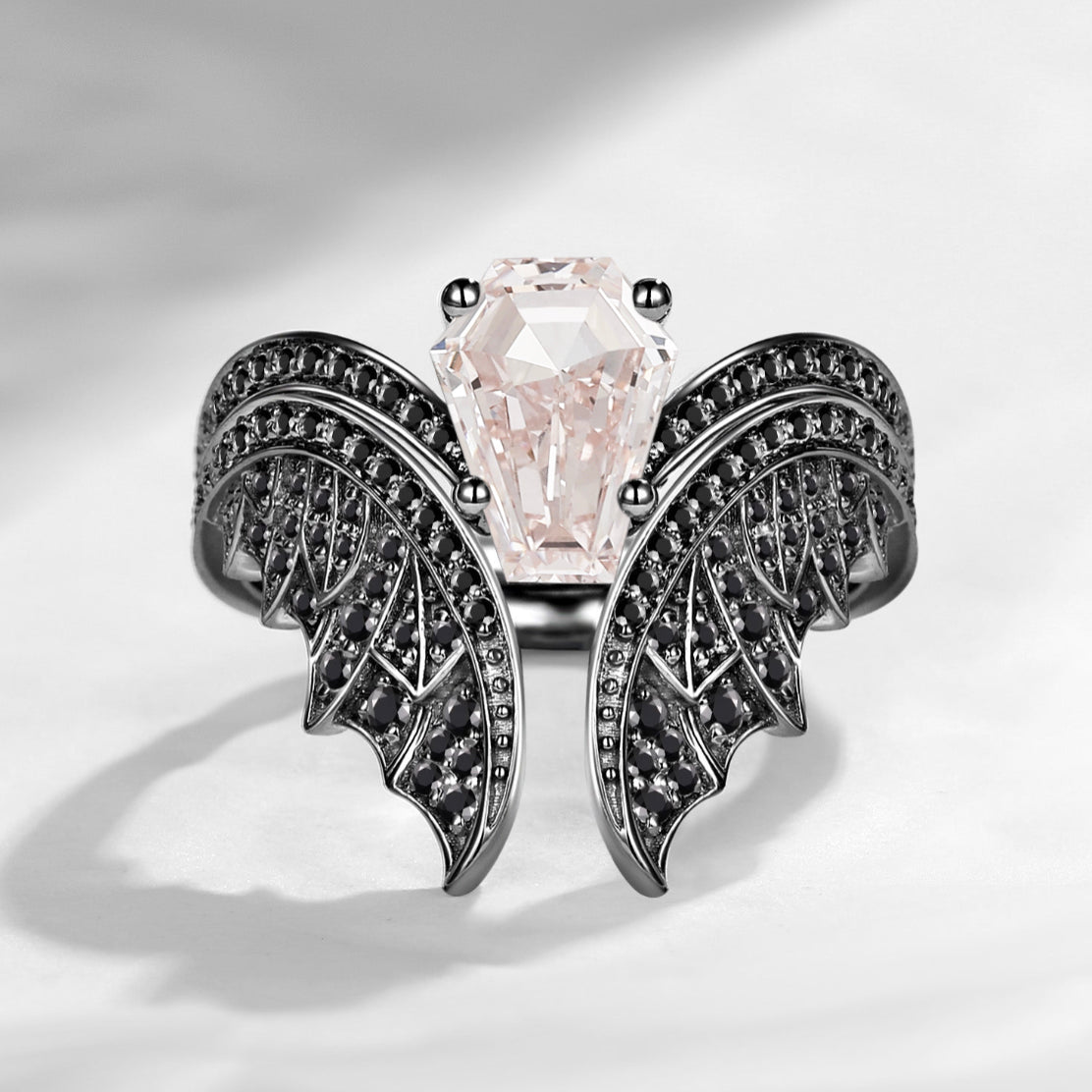 Coffin Cut Pink Lab Diamond Vintage Engagement Ring Set 2pcs - Bat Ring