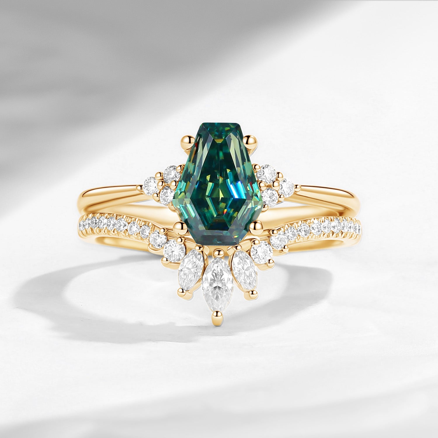 Coffin Cut Teal Moissanite Cluster Engagement Set 2pcs - White Dress