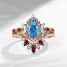 Crescent Moon | Pear Cut Blue Lab Diamond & Opal Moon 'Ultra Galaxy' Engagement Ring Set 2pcs