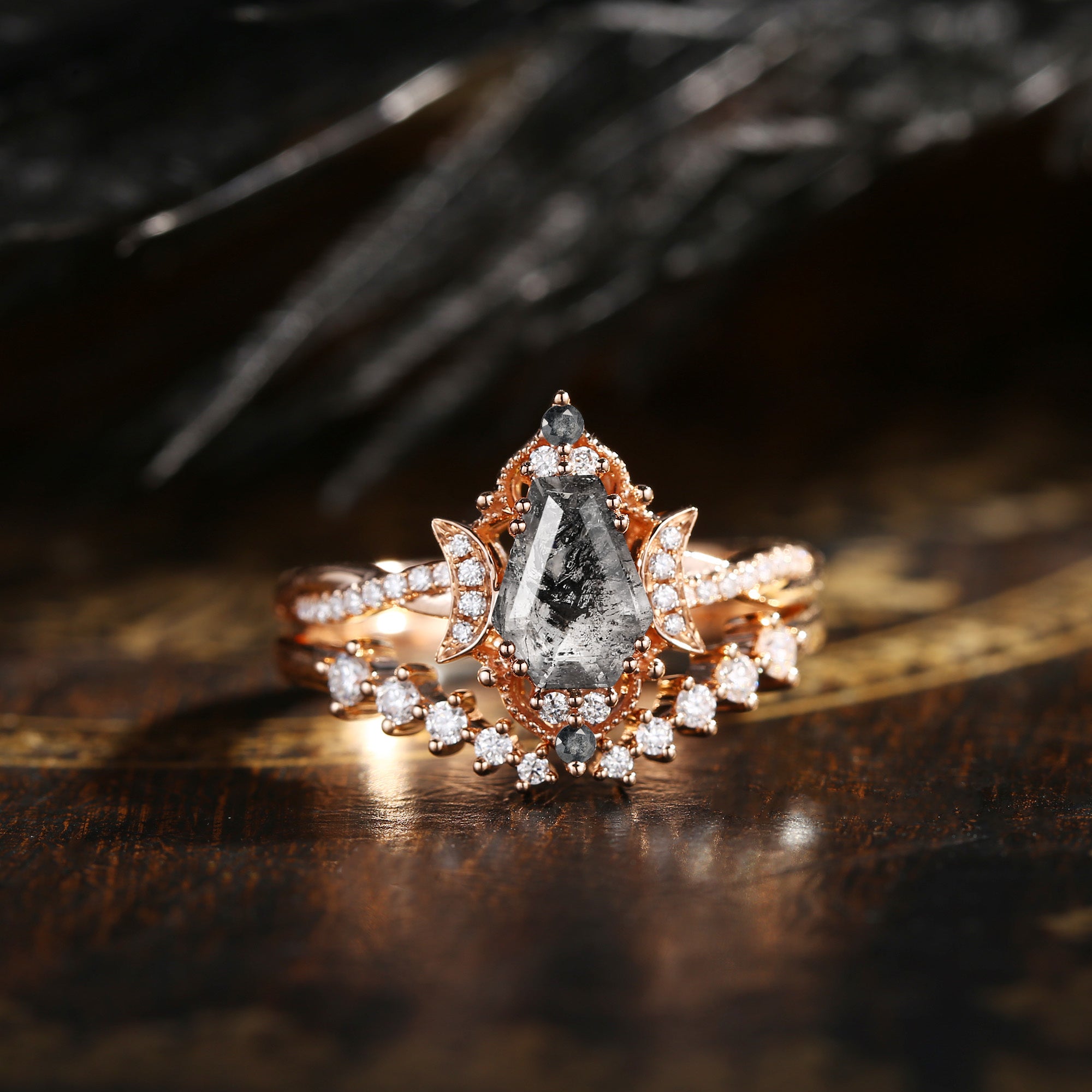 Crescent Moon | Coffin Cut Herkimer Diamond Infinity Engagement Ring Set 2pcs - Infinity Galaxy