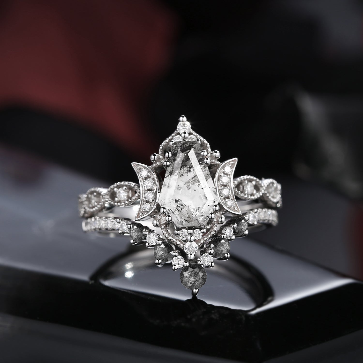 Crescent Moon | Coffin Cut Herkimer Diamond 'Till Death Do Us Part' Ring Set 2pcs