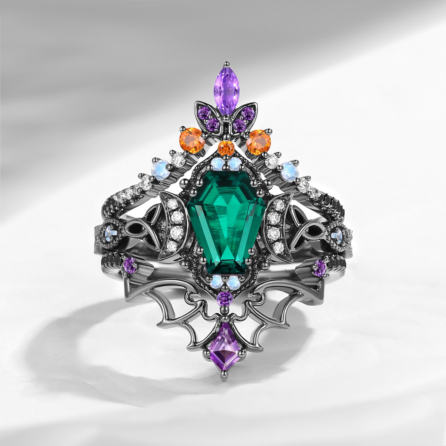 Crescent Moon | Coffin Cut Lab Emerald Black Gold Celtic Knot Ring Set 3pcs