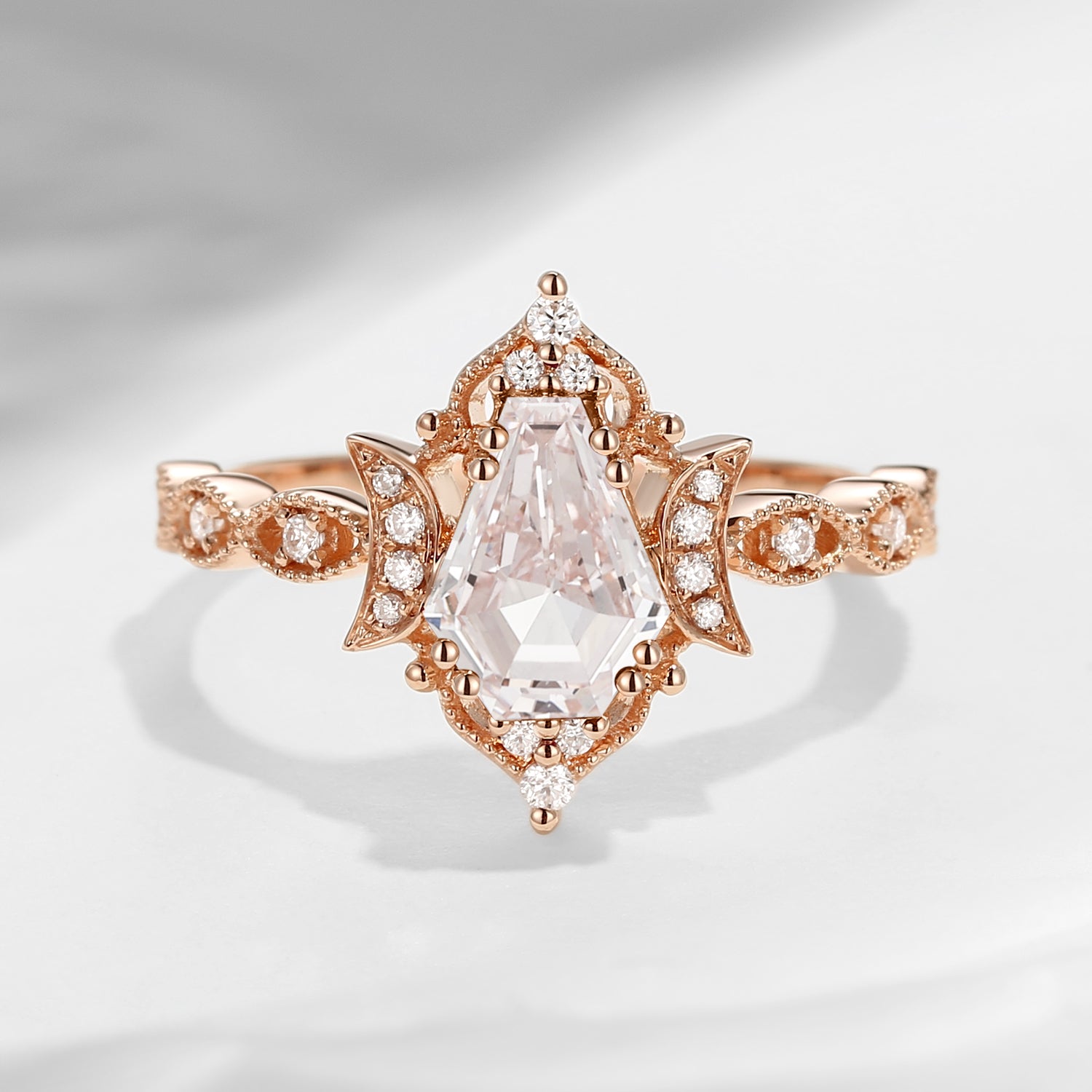 Crescent Moon | Coffin Cut Pink Lab Diamond Milgrain Engagement Ring