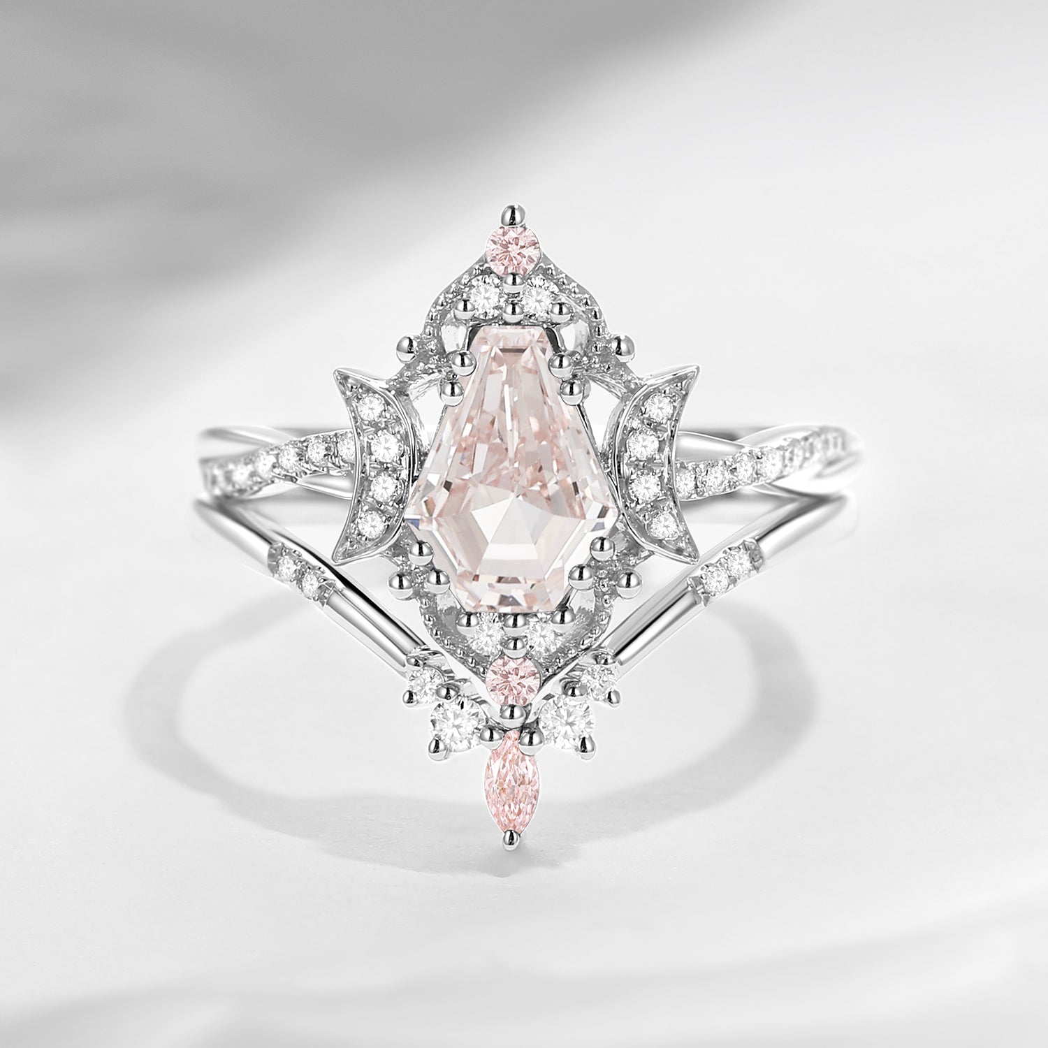 Crescent Moon | Coffin Cut Pink Lab Diamond Twisted Engagement Ring Set 2pcs - Alexandria