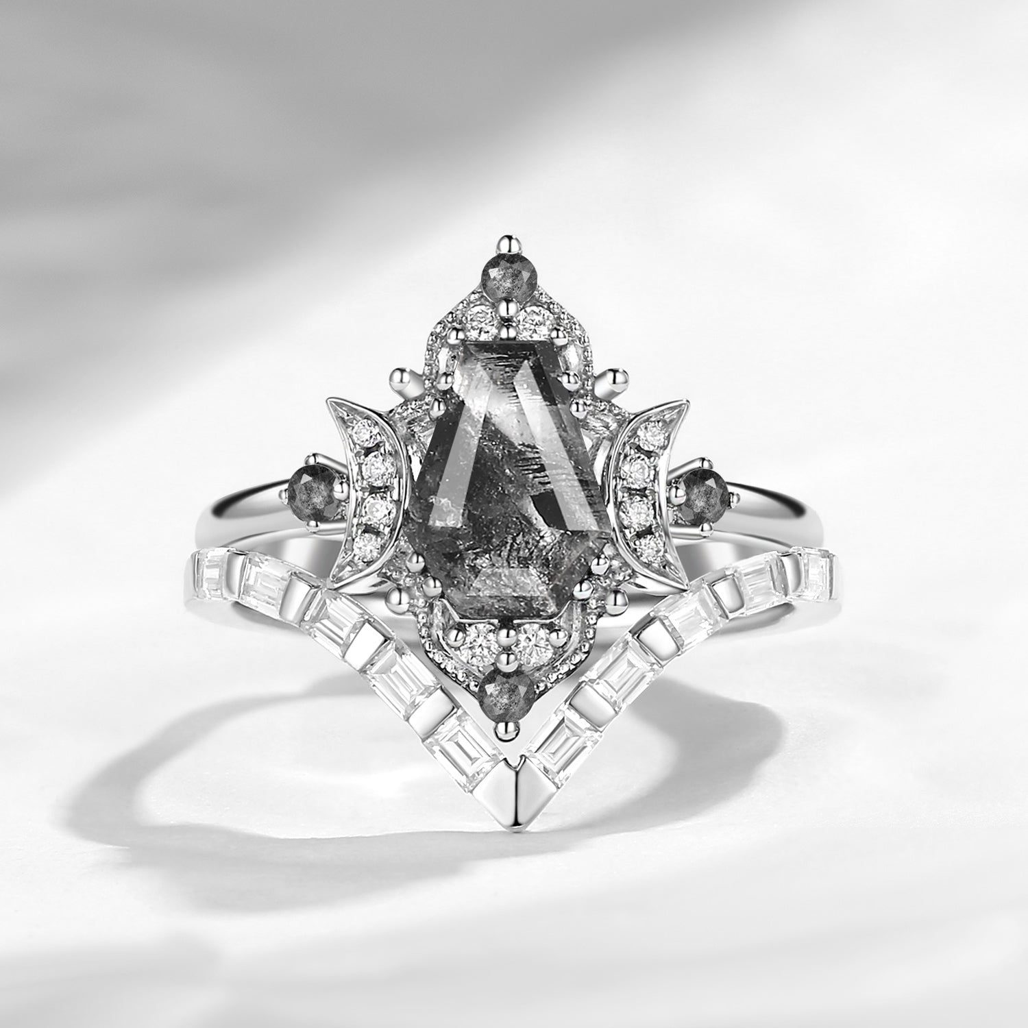 Crescent Moon | Curved Coffin Cut Herkimer Diamond Engagement Ring Set 2pcs