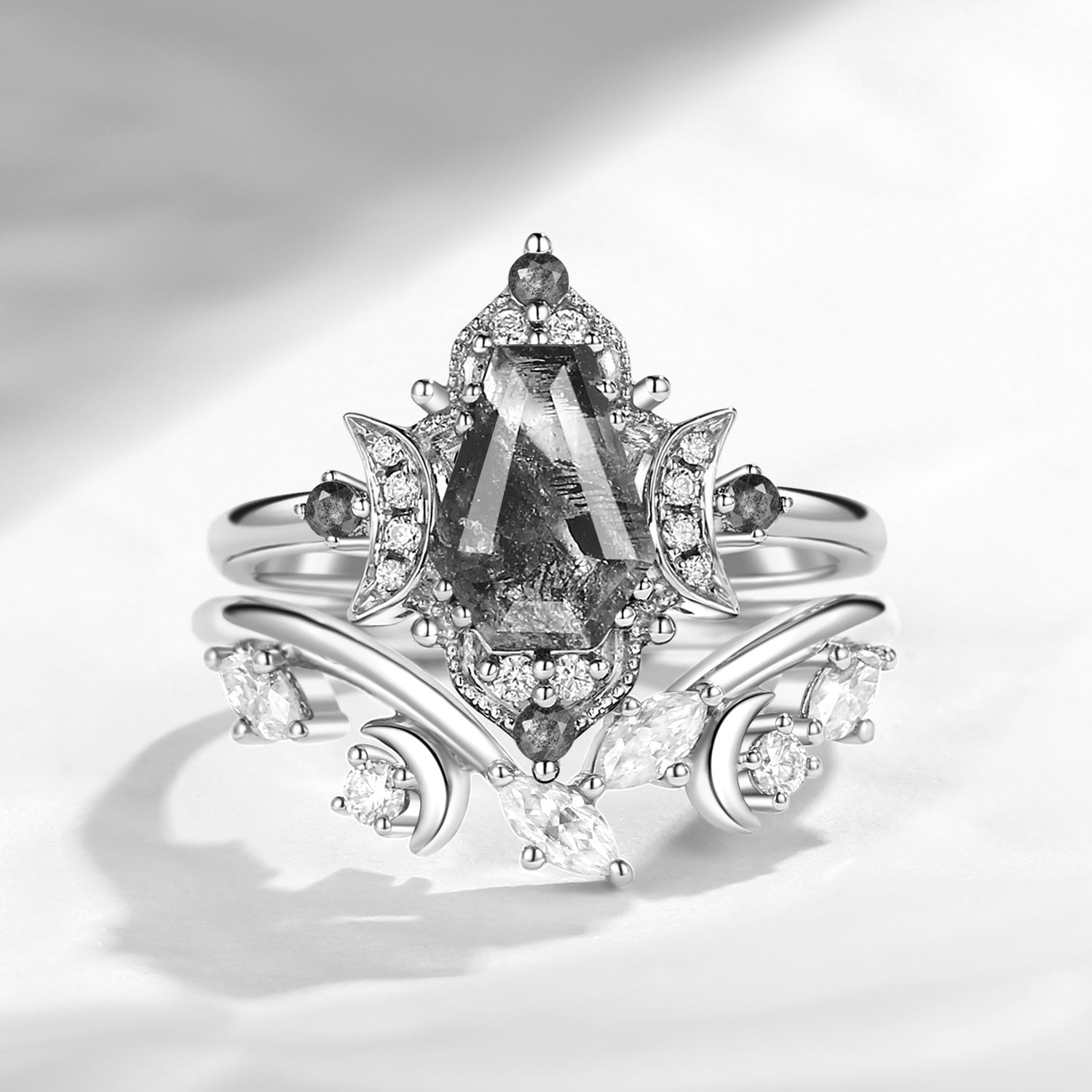 Crescent Moon | Retro Coffin Cut Herkimer Diamond Moon Engagement Ring Bridal Set 2pcs