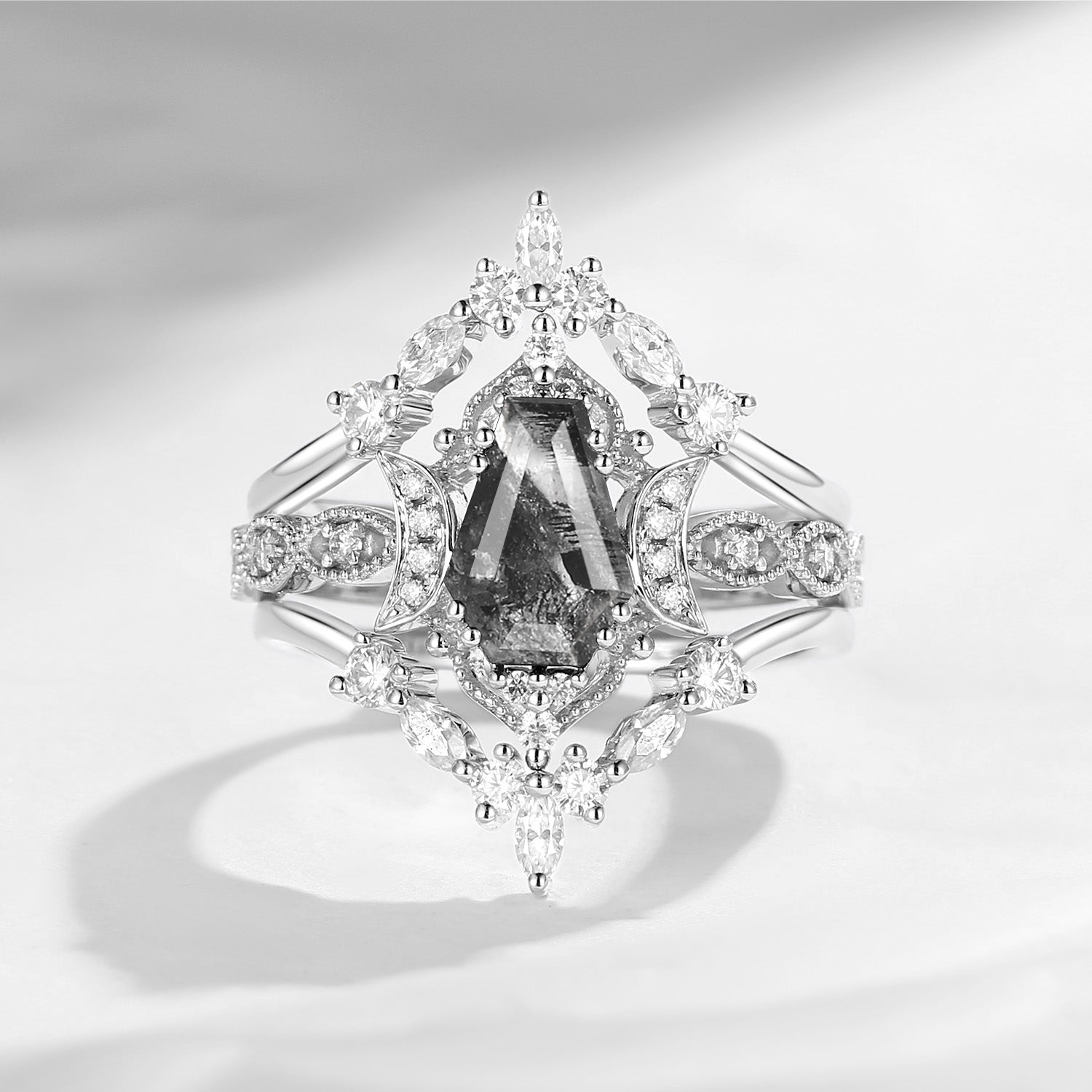 Crescent Moon | Unique Coffin Cut Herkimer Diamond Engagement Ring Set 3pcs