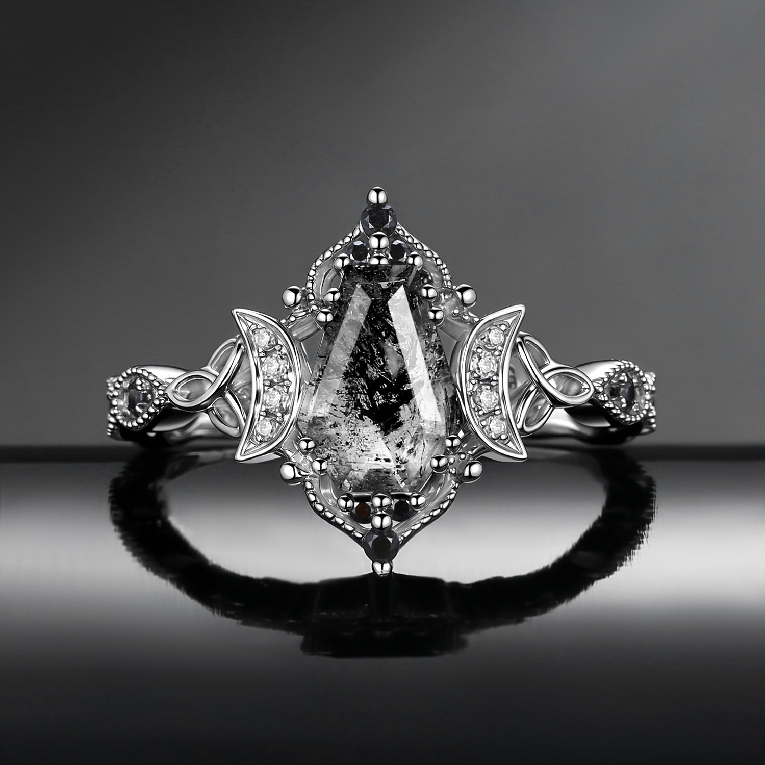 Crescent Moon | Unique Coffin Cut Herkimer Diamond Infinity Celtic Engagement Ring