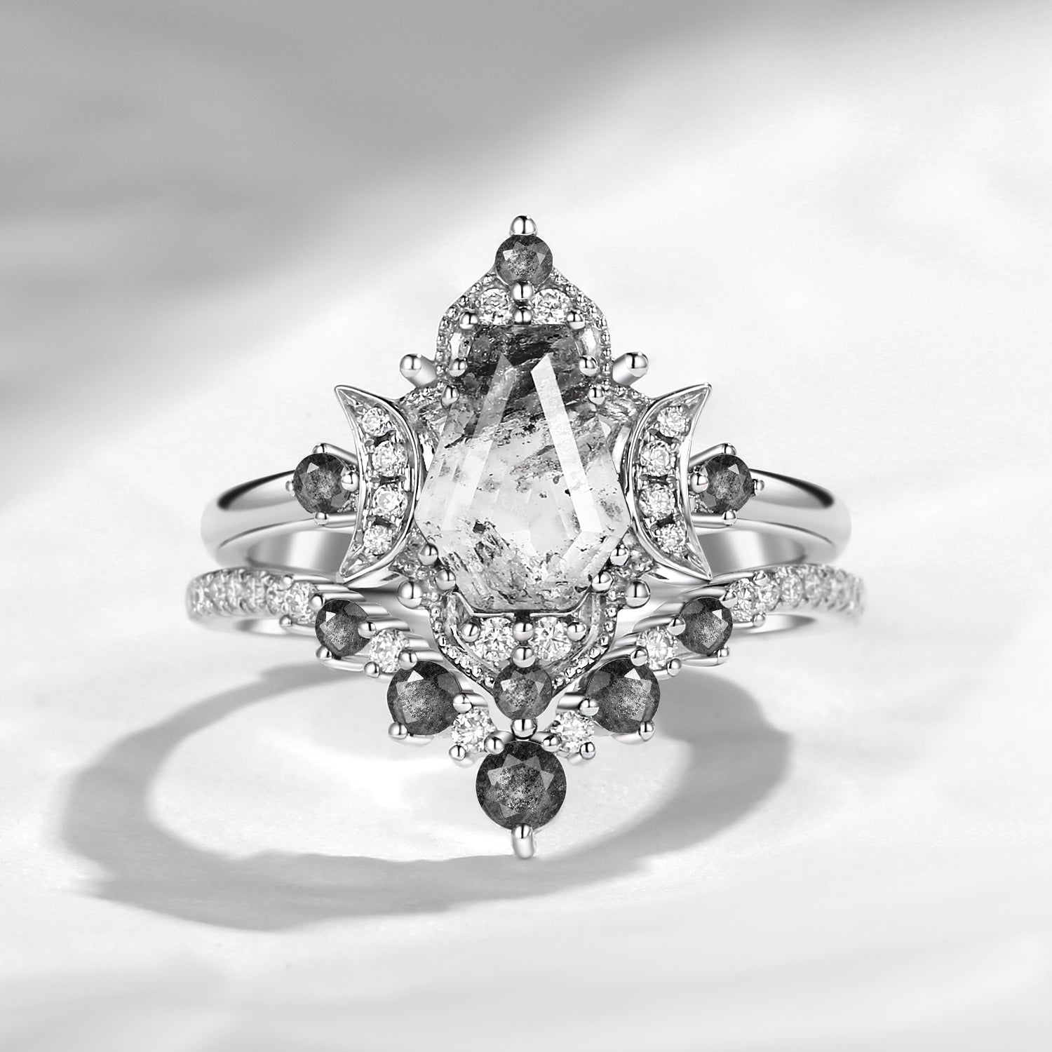 Crescent Moon | Unique Coffin Cut Herkimer Diamond Moon Inspired Engagement Ring Bridal Set 2pcs