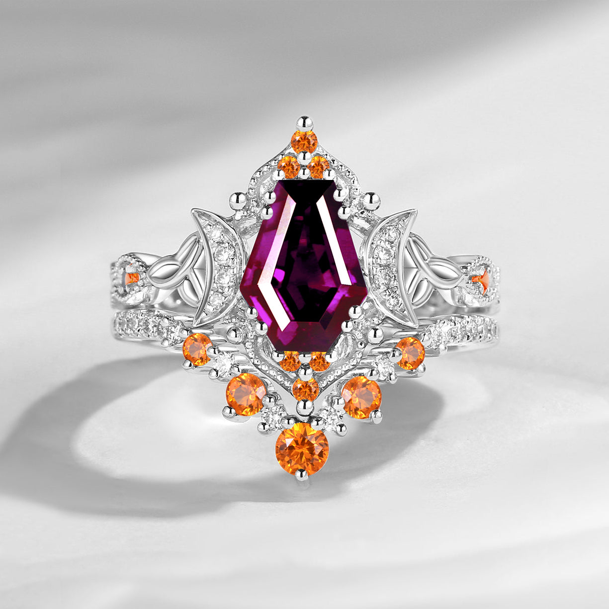Crescent Moon | Unique Coffin Cut Purple Garnet Celtic Moon Engagement Ring Set 2pcs